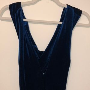 Lulu’s dark teal blue velvet jumpsuit